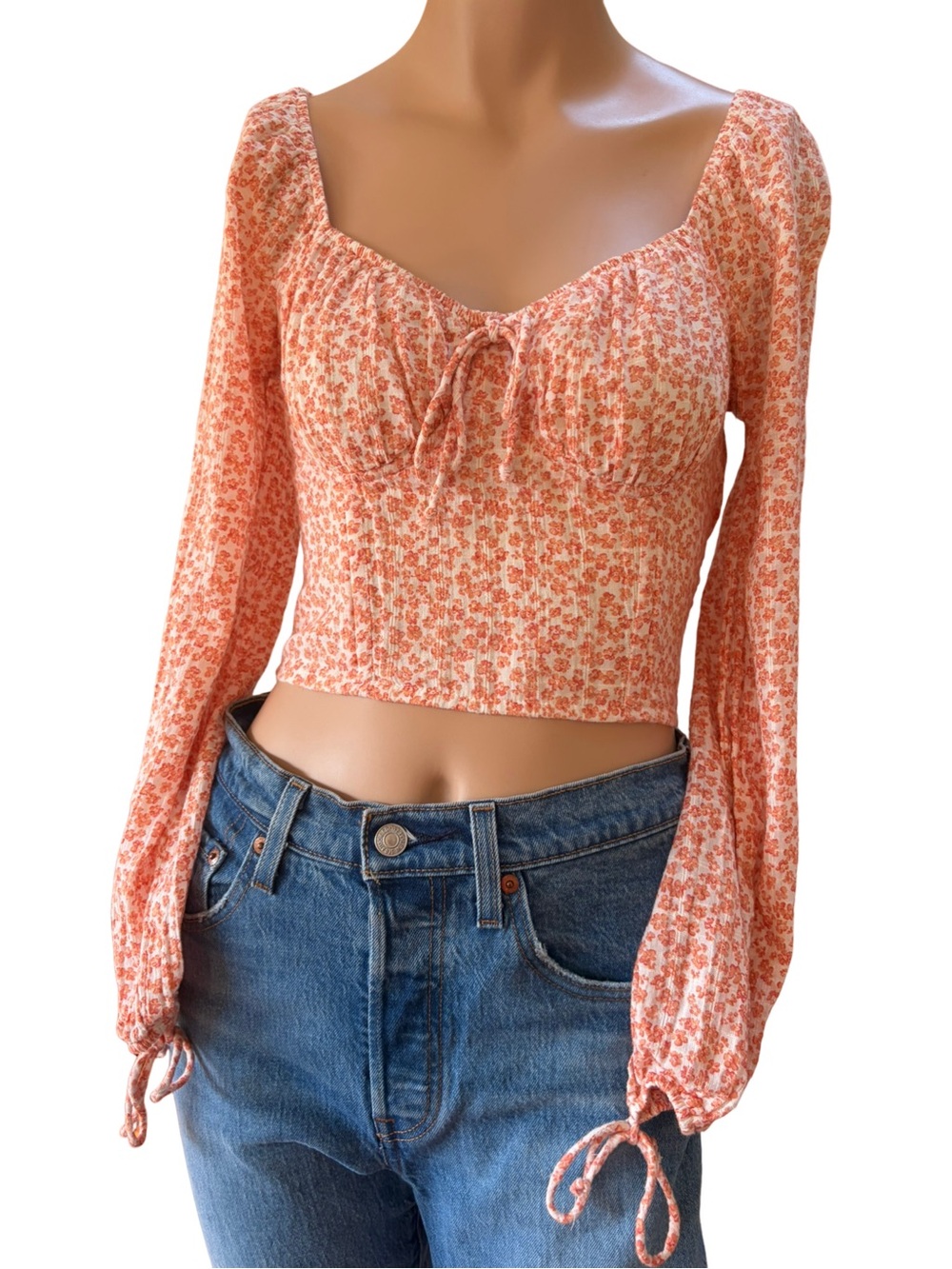 American Eagle Orange Peach Floral Sweetheart Crop Top XS Cottagecore Boho